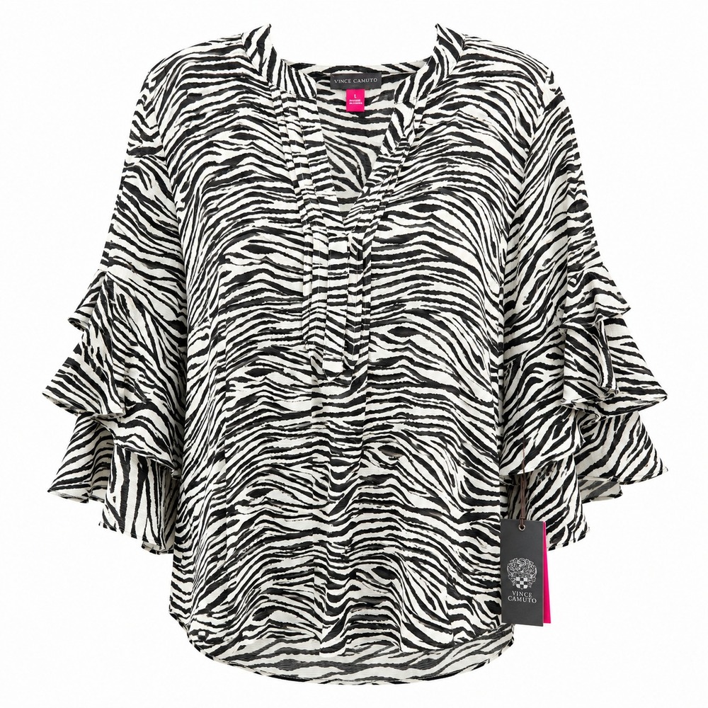 Vince Camuto Blouse L NWT Zebra Animal Print Ruffle Flutter Sleeve Designer Mob